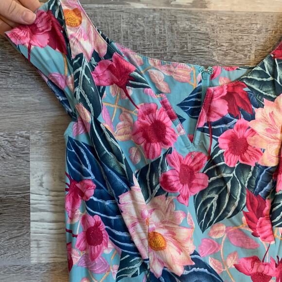 Hell Bunny Retro Tropical Floral Fit and Flare Dress Blue Pink Size S - Picture 2 of 9